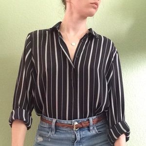 Navy Striped Button Up Blouse